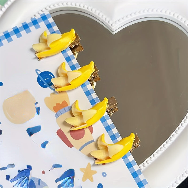 2 PCS PVC Banana Shaped Hair Clips - Cute Cartoon Style Yellow Fruit Hair Accessories, Suitable for Ages 14 And Up - Single Piece