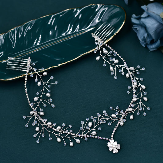 1PC Romantic Headwear Forehead Alloy Chain With Rhinestone Pendant High-end Beaded Hair Comb Women Bridal Hair Accessories