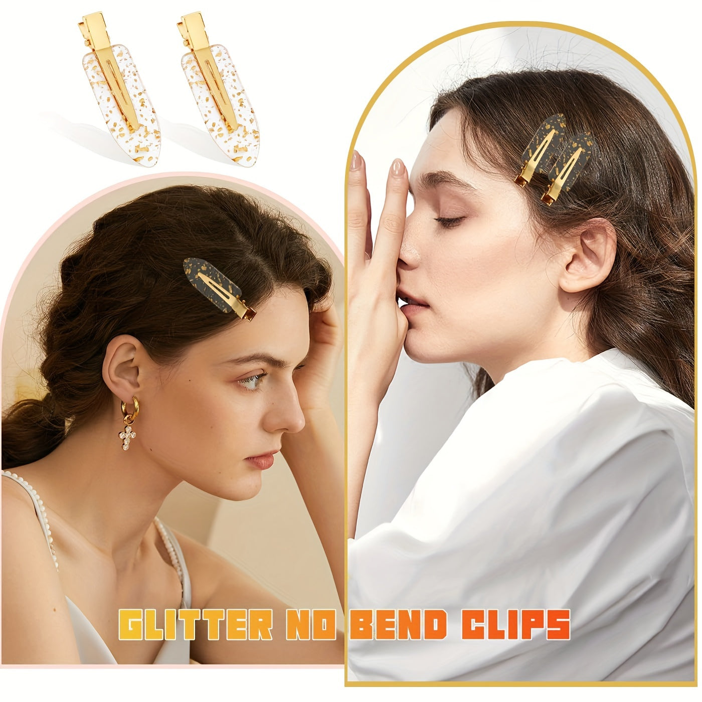 4/12-Piece golden & Pink Glitter No-Crease Hair Clips Set - Cute/Simple Oval Design, Non-Slip Flat Hair Accessories For Styling, Acetate Material, Perfect For Teens & Adults