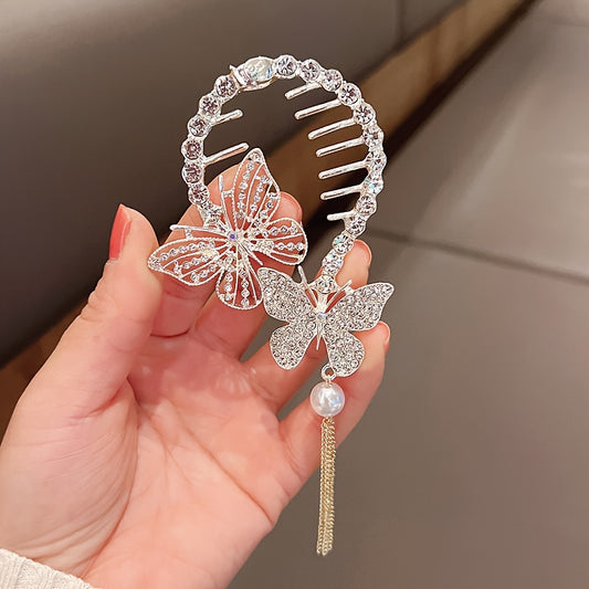 1pc Zinc Alloy Rhinestone Faux Pearl Tassel Butterfly Hair Clip, Ponytail Buckle, Hair Accessories For Teen Girls
