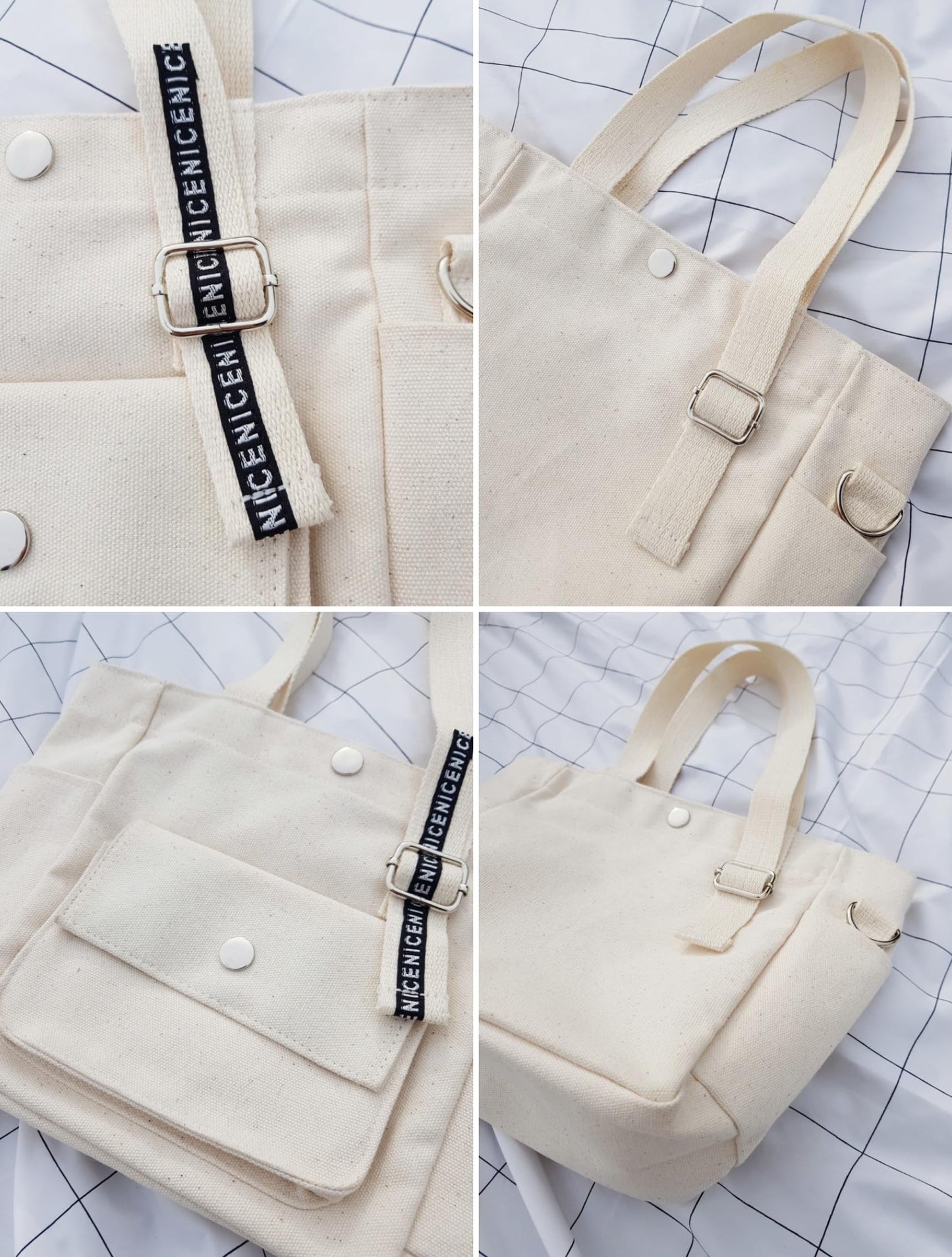 Canvas Multi-Purpose Tote Bag with Adjustable Strap, Black, Ivory, Large Capacity Storage, Cross-body Style,11.8x8.7x4.3 Inch