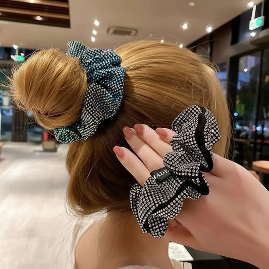 Fashion Rhinestone Women Silk Scrunchie Elastic Handmade Hair Black Band Ponytail Holder Headband Hair Accessories