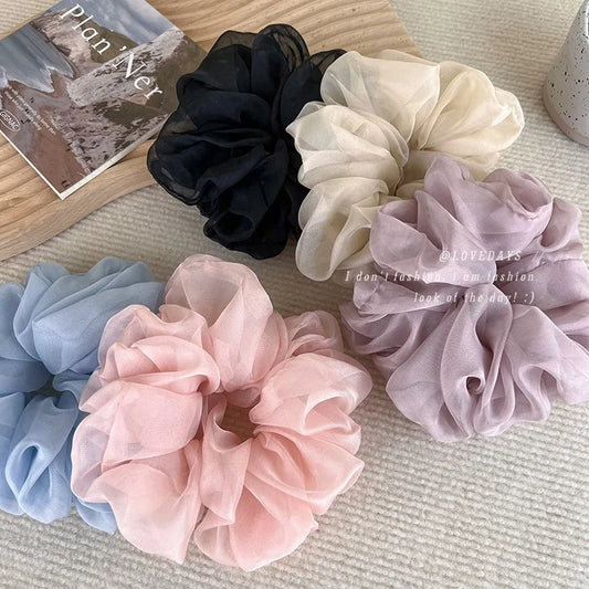 Elegant Chiffon Scrunchie for Women - Soft Organza Hair Tie Korean Style Aesthetic Hair Accessories Large Ruffled Hair Loop