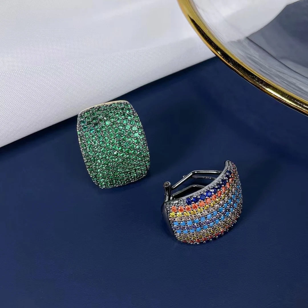 Luxury C-Shaped Zircon Stud Earrings – Multicolor & Emerald Green Statement Design