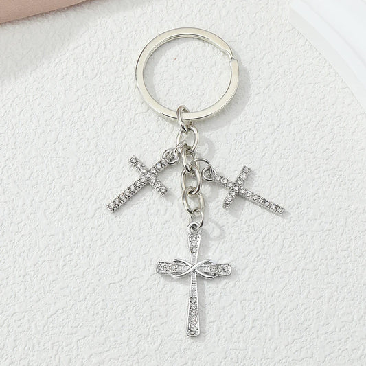 Silver Cross Charm Keychain – Multi-Cross Zinc Alloy Christian Keyring Gift