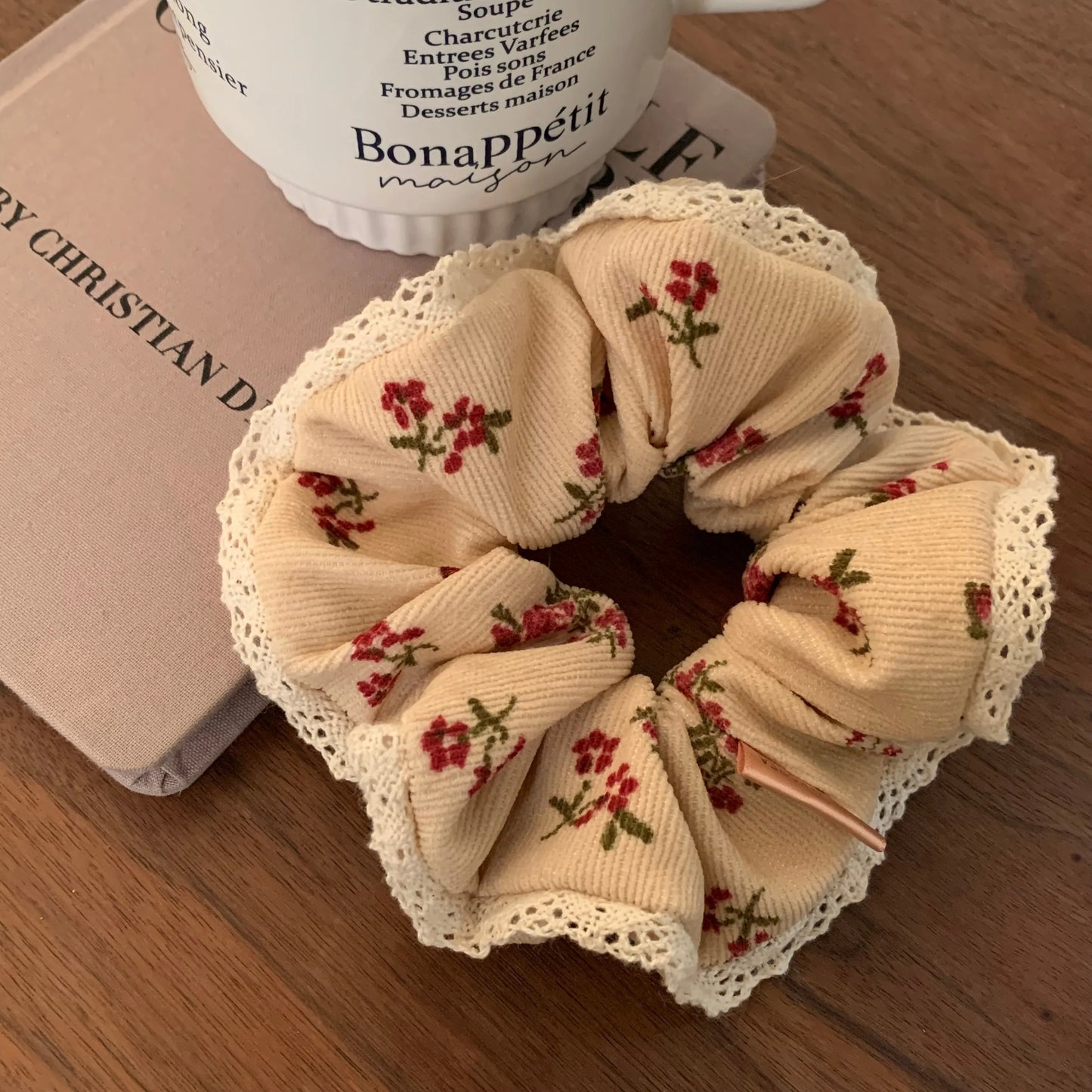 Vintage Corduroy Hair Scrunchie with Lace Edging