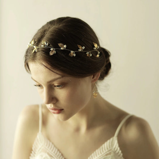 Gold & Silver Leaf Bridal Hairpiece – Faux Pearl Wedding Headband