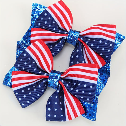 4th of July Patriotic Hair Bow Clips – USA Flag Glitter Bows (2 Pack)