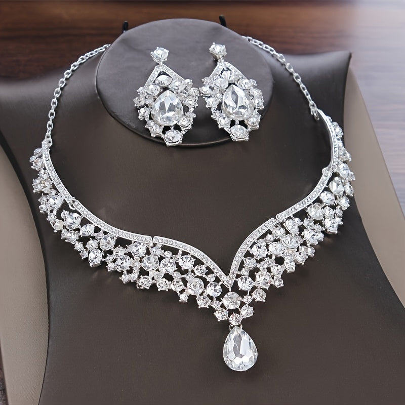 3pcs Exquisite Crystal Bridal Jewelry Set - Stunning Rhinestone Crown Necklace and Dangling Earrings Set with Wedding Hair Accessories, Perfect for Brides and Bridesmaids