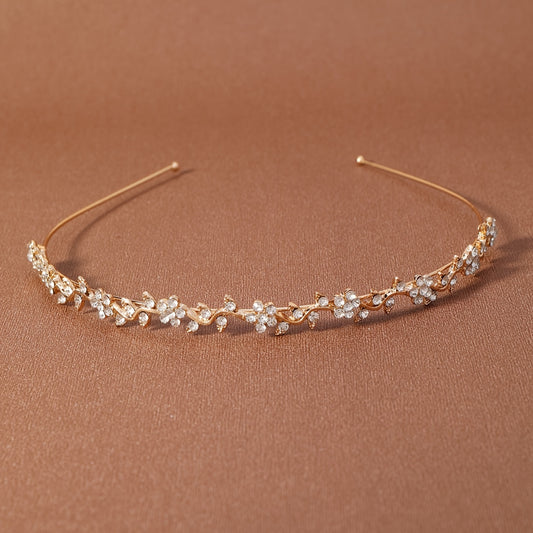 Minimal Gold Bridal Headband – Crystal Flower Wedding Hairpiece