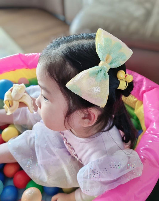 Aloha Pastel Sequin Flower Bow Clip Yellow green blue purple Hawaii tropical summer beach party puffy ribbon handmade floral with Pinkluvme