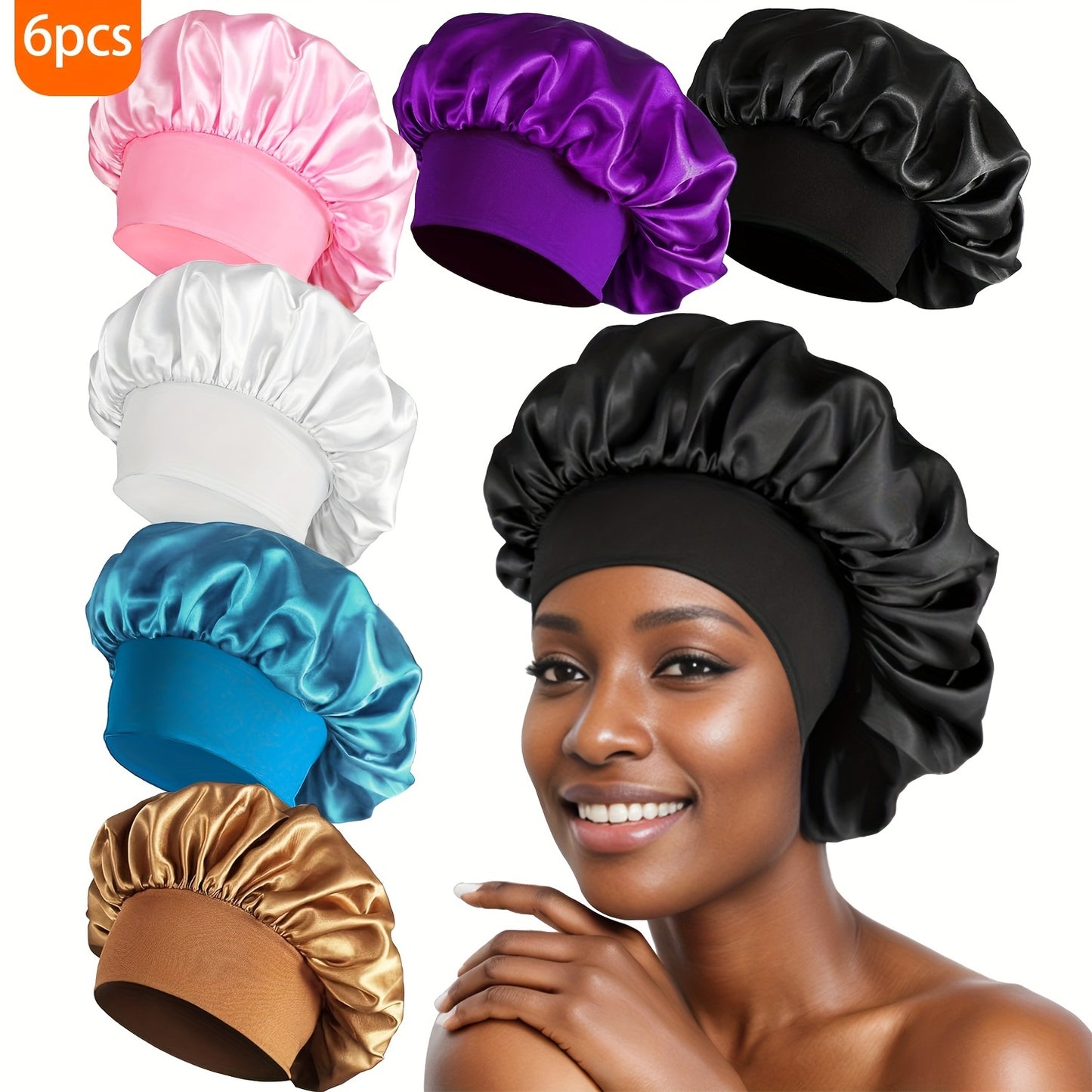 6pcs Soft Satin Sleep Bonnets - Skullies & Beanies for Women, Comfortable Night Hair Protection, Breathable Elastic Band Hair Care Cover for Sleeping, Gentle Hair Accessories for Beauty Sleep