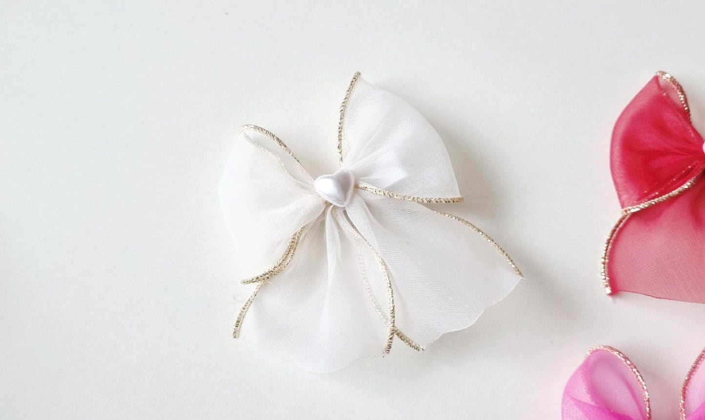 Gold-Edged Organza Bow Hair Clip Light Pink, Deep Pink, Yellow, White, Red, Purple Girl Toddler Formal Gold hypoallergenic [with Pinkluvme]