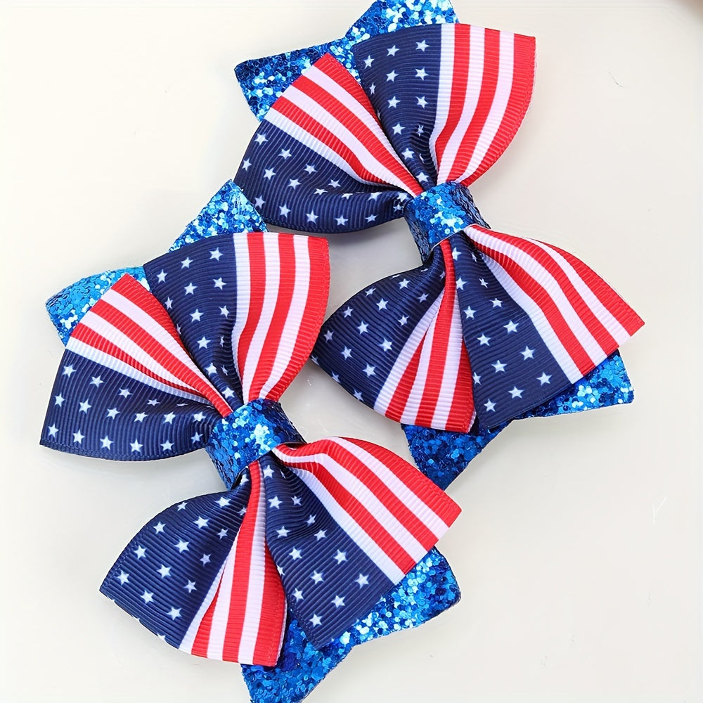 4th of July Patriotic Hair Bow Clips – USA Flag Glitter Bows (2 Pack)