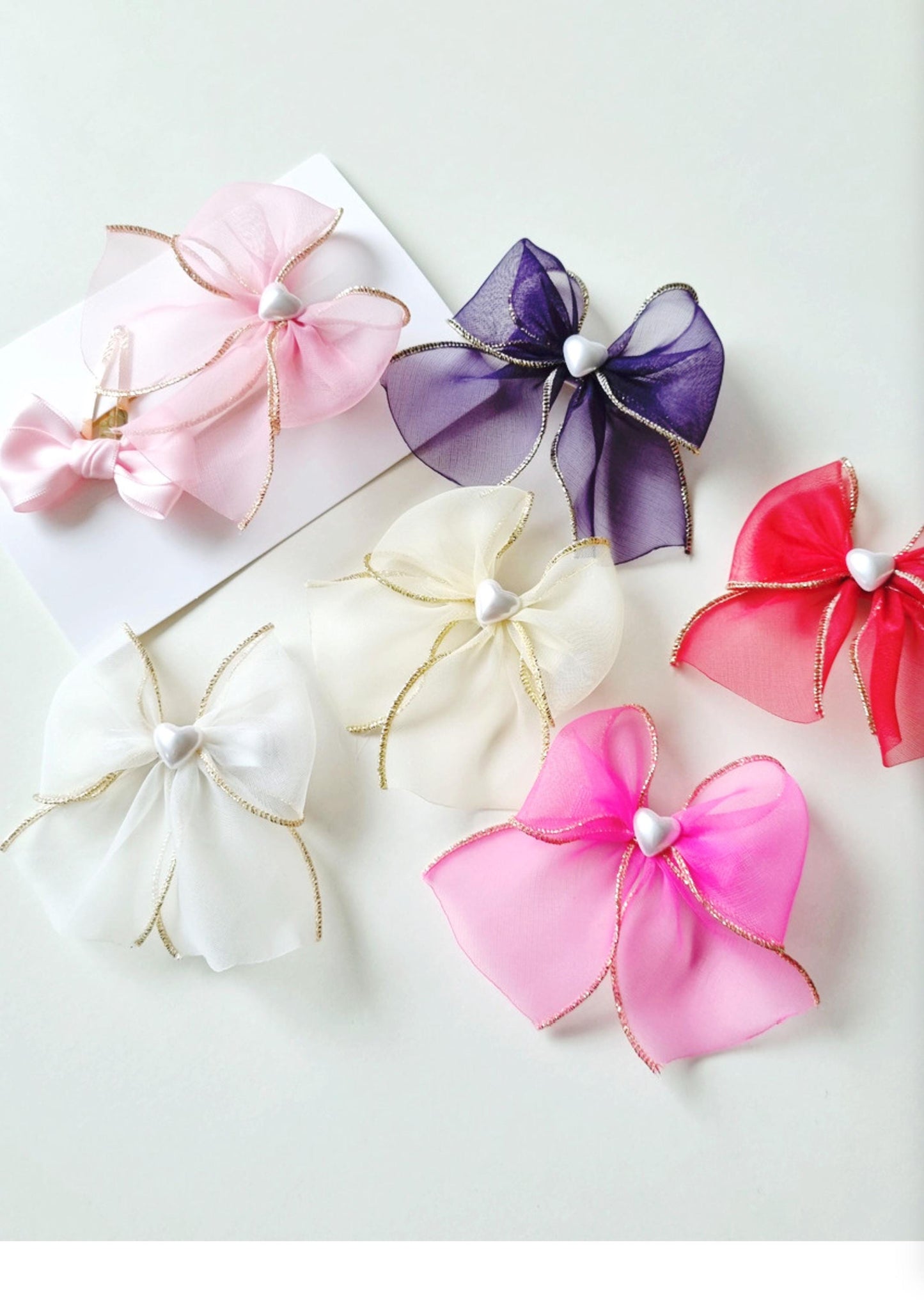 Gold-Edged Organza Bow Hair Clip Light Pink, Deep Pink, Yellow, White, Red, Purple Girl Toddler Formal Gold hypoallergenic [with Pinkluvme]