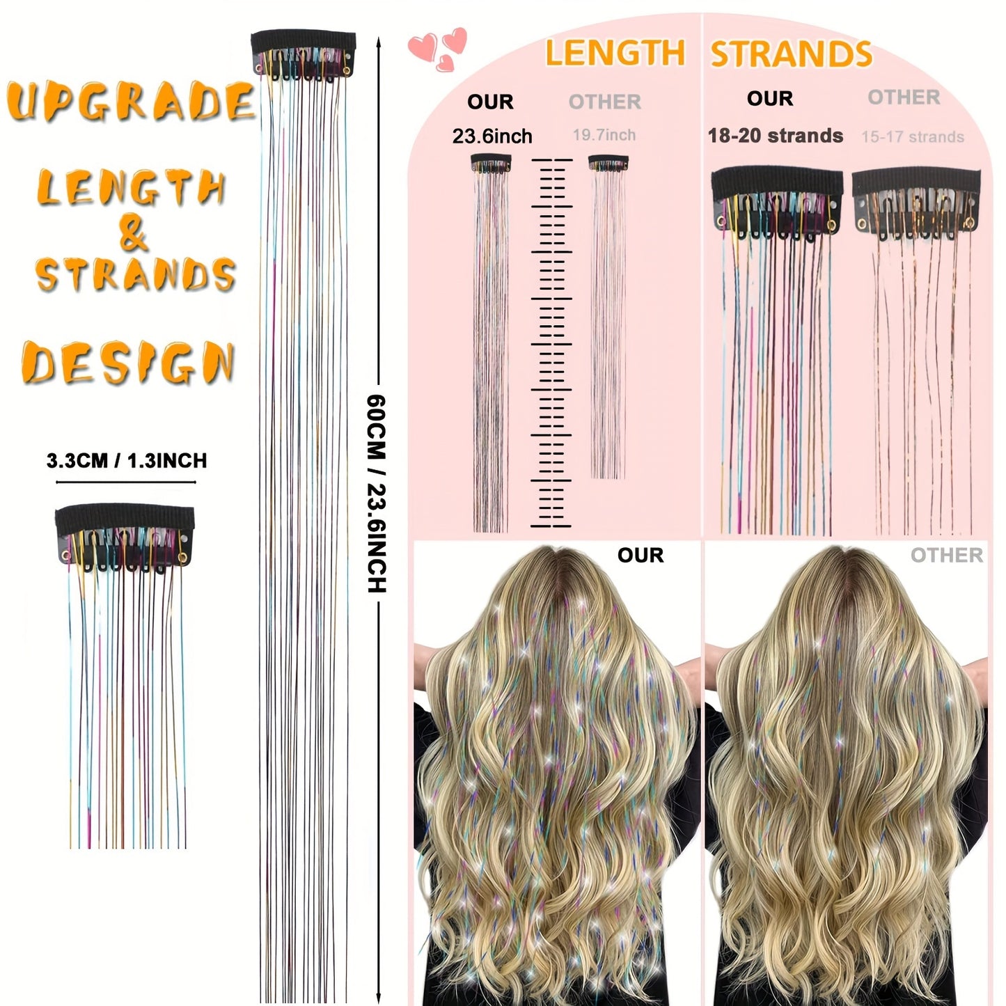 [12Pcs Clip In Tinsel] 12Pcs 23.6inch Clip In Hair Tinsel | Fairy Hair Tinsel Glitter Hair Extensions | Sparkly Hair Accessories For Girls Women