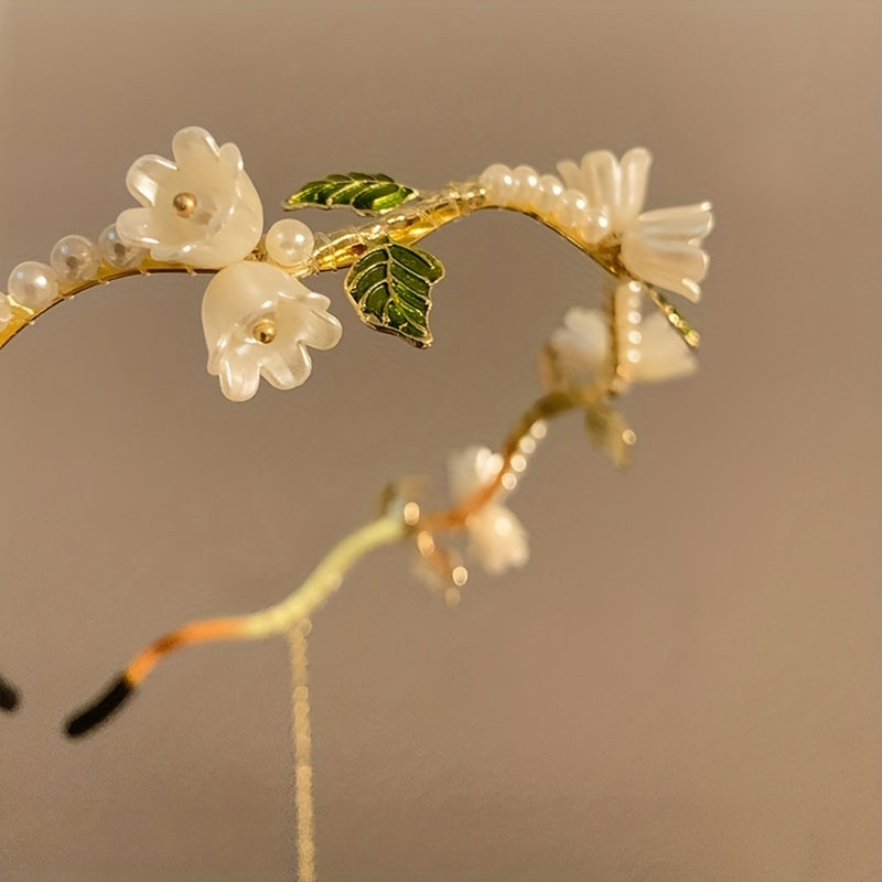 1pc Girl's New Vintage White Lily Flower Faux Pearl Tassel Temperament Elegant Women's Hair Hoop Hair Accessories, Ideal choice for Gifts