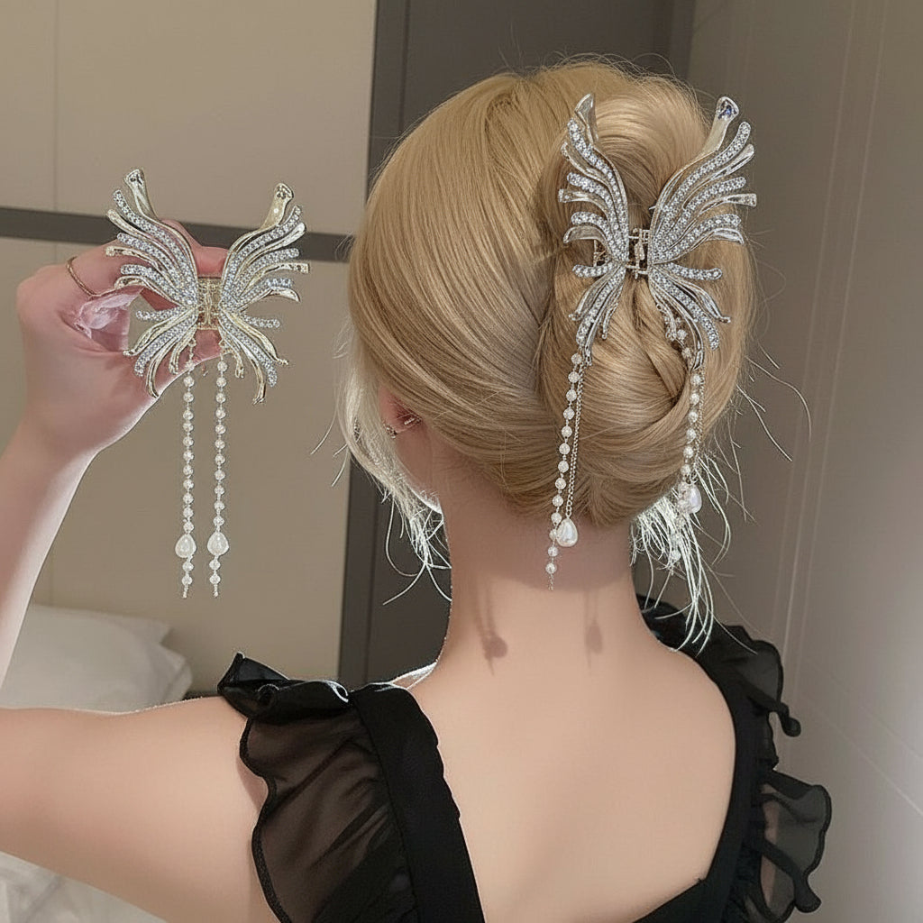 Rhinestone Butterfly Faux Pearl Tassel Hair Claw Clip Elegant Non-Slip Strong Hold Grip Hair Jaw Clip For Thick Hair Accessories