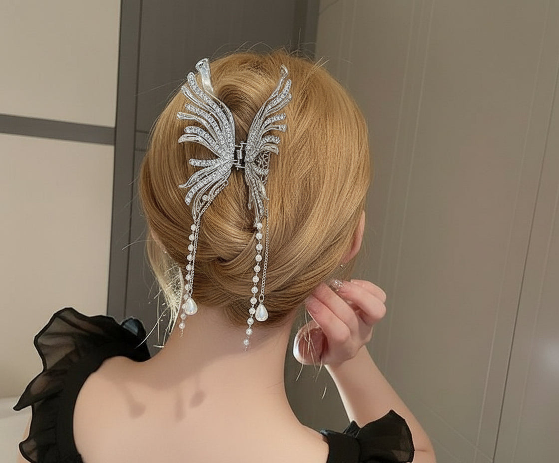 Rhinestone Butterfly Faux Pearl Tassel Hair Claw Clip Elegant Non-Slip Strong Hold Grip Hair Jaw Clip For Thick Hair Accessories