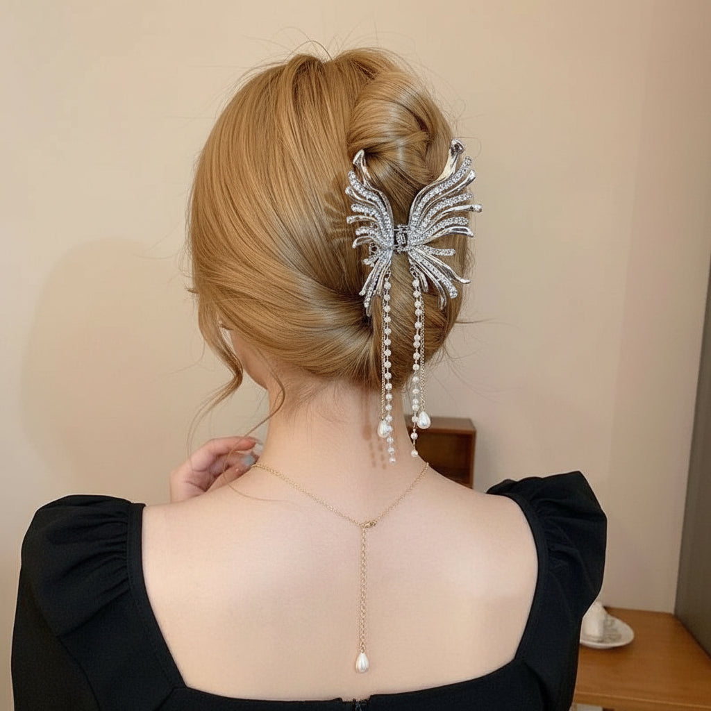 Rhinestone Butterfly Faux Pearl Tassel Hair Claw Clip Elegant Non-Slip Strong Hold Grip Hair Jaw Clip For Thick Hair Accessories