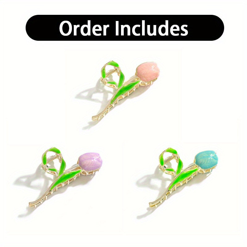 3 Pcs Tulip Hair Claw Clip – Sweet Floral Alloy Hair Clip for Daily & Formal Styling