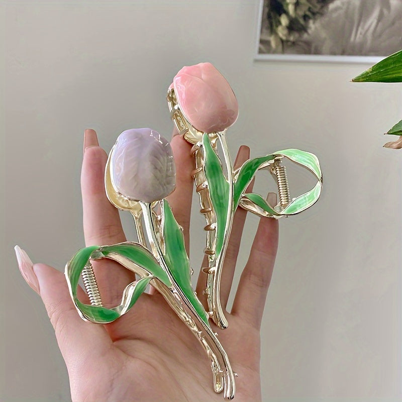 3 Pcs Tulip Hair Claw Clip – Sweet Floral Alloy Hair Clip for Daily & Formal Styling