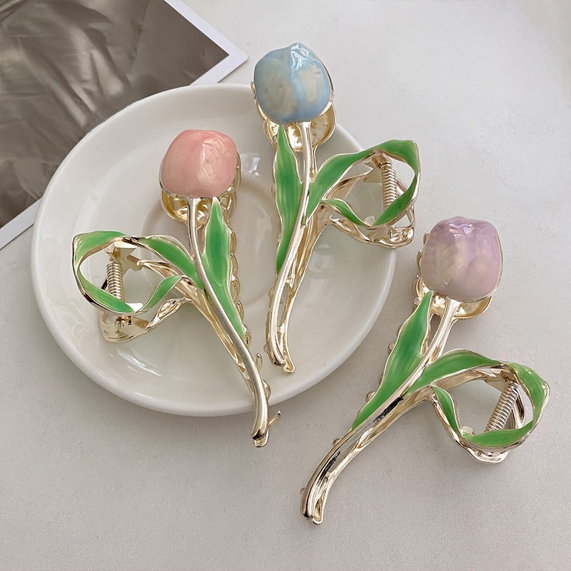 3 Pcs Tulip Hair Claw Clip – Sweet Floral Alloy Hair Clip for Daily & Formal Styling