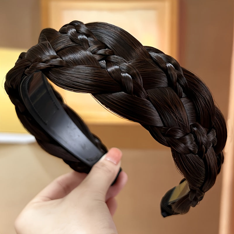 1pc Synthetic Braided Headband Handmade Natural Looking Extra Wide Braided Hair Hoop Elegant Twisted Braids Hair Band Fishbone Braid Weave Hair Accessories