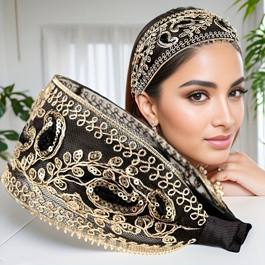 [Popular Choice] Elegant 2pcs Floral Sequin Wide Headbands for Women, Vintage Style Polyester Hair Accessories with Teeth, Anti-Slip Summer Hairband Set - Ideal Festival Gift