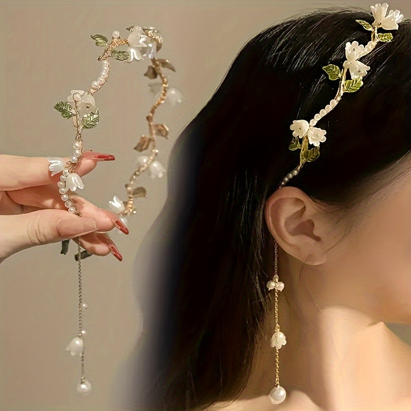 Elegant Lily Of The Valley Faux Pearl Headband - Chic Floral Tassel Hair Accessory For Women And Girls, Perfect For Parties & Photo Shoots Hair Jewelry For Women Flower Hair Accessories