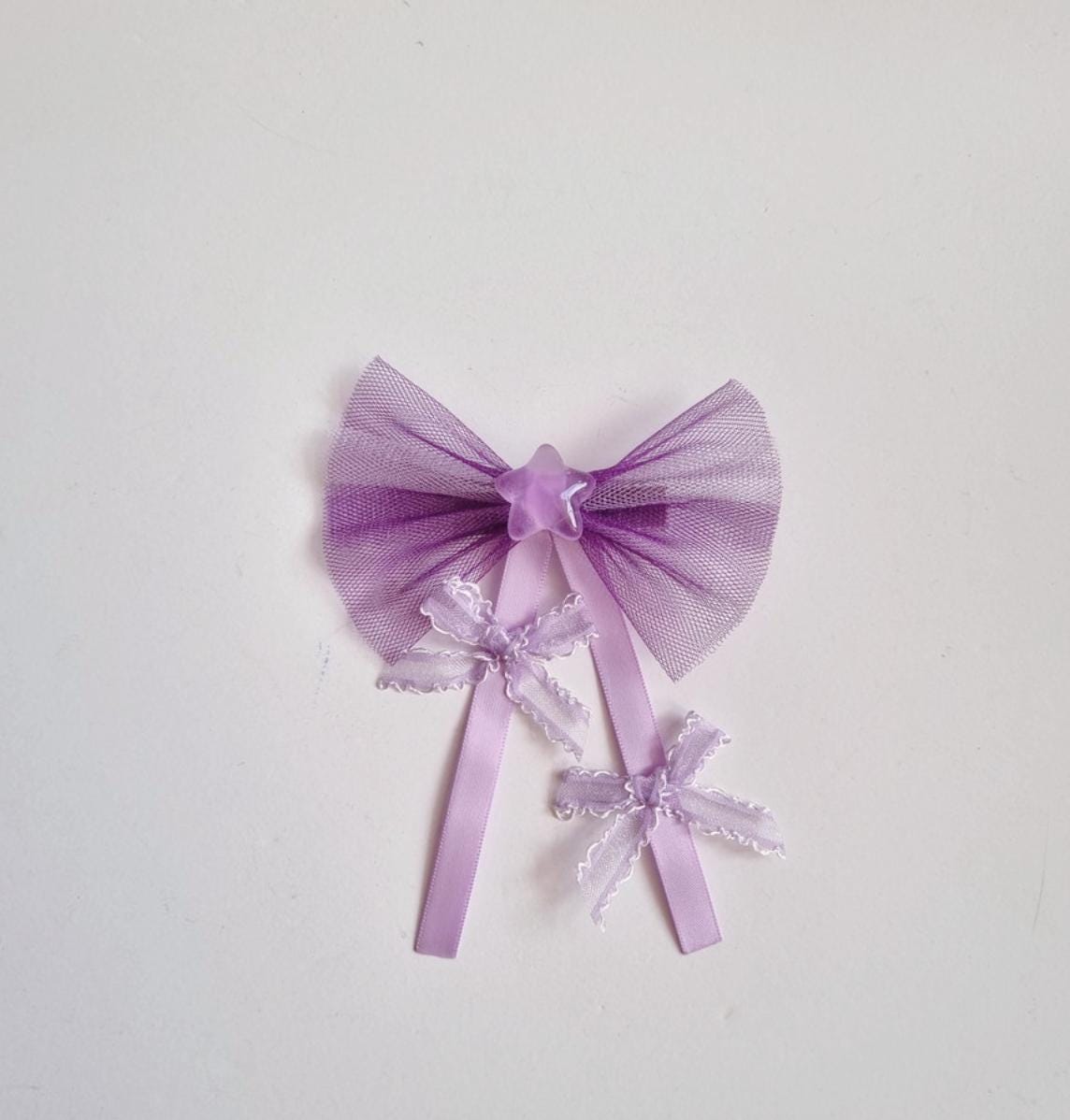 Handmade Star and Bow Hair Clip Double Ribbon Tail Petite Bow Tail Tulle Fan Style Bow Girl Toddler Bow Clip [with Pinkluvme]