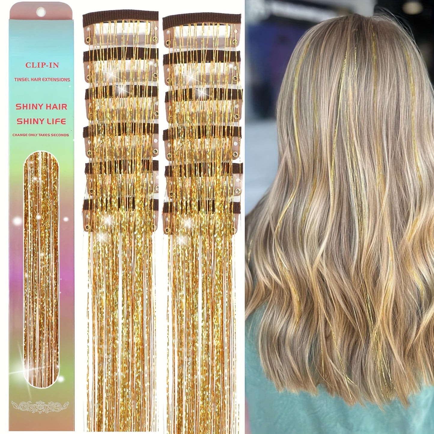 [12Pcs Clip In Tinsel] 12Pcs 23.6inch Clip In Hair Tinsel | Fairy Hair Tinsel Glitter Hair Extensions | Sparkly Hair Accessories For Girls Women