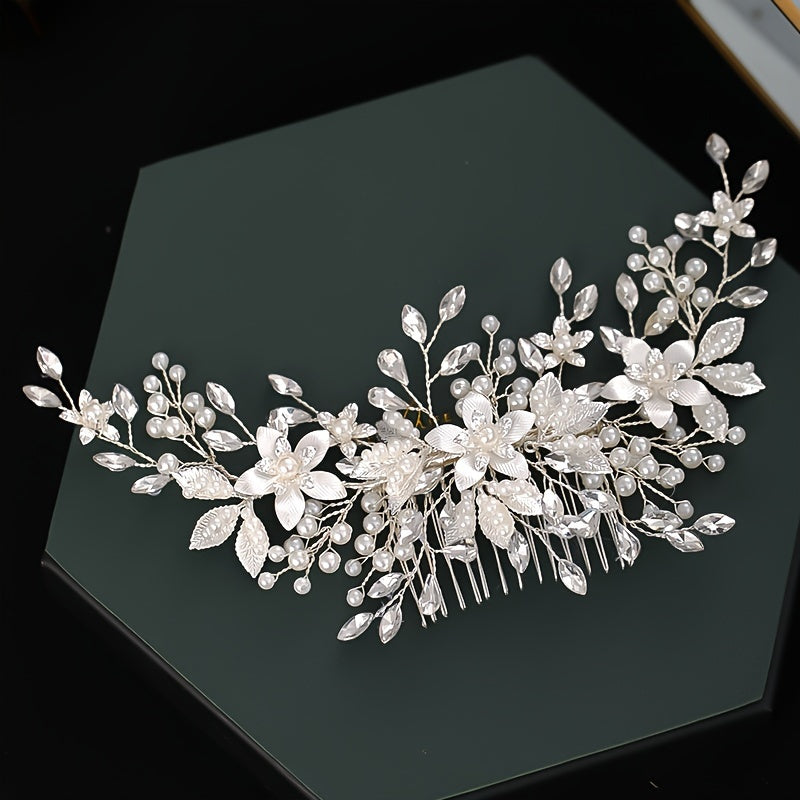 1PC Bridal Rhinestone Hair Comb Elegant Flower Shaped Headwear Handmade Braided Hair Accessories For Wedding Party Dress Up Headpiece