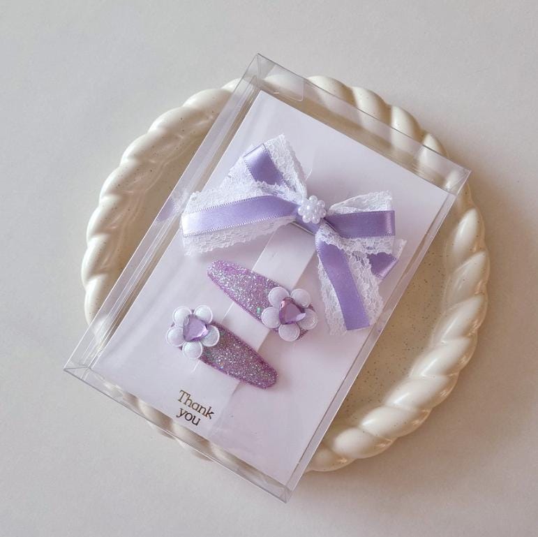 Teenie Tiny Flower Heart Glitter Hair Clip Set (of 2) | Free gift packaging if ordered with lace & satin bow pin [with Pinkluvme]
