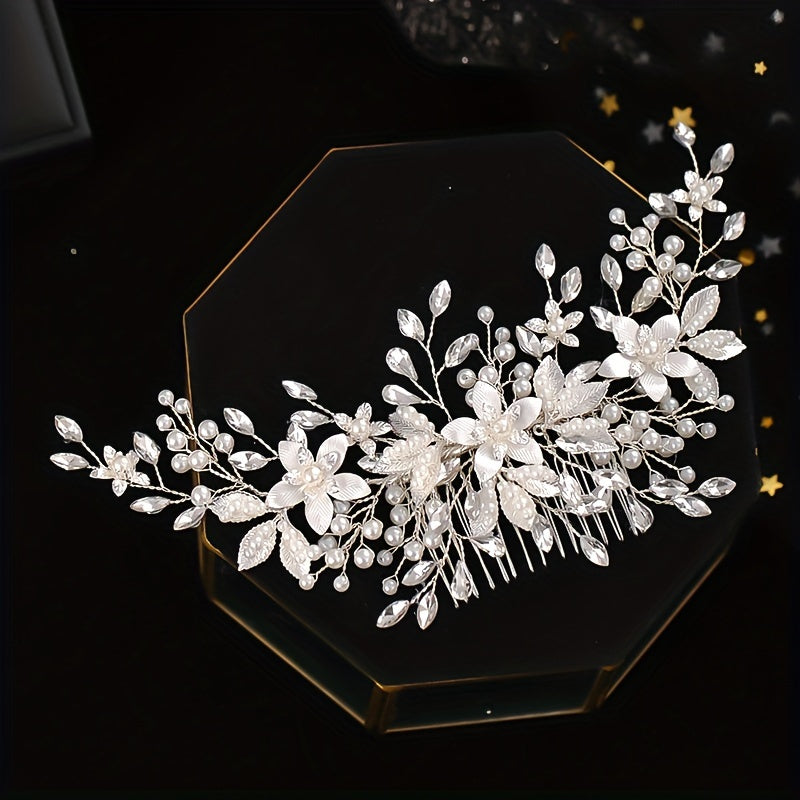 1PC Bridal Rhinestone Hair Comb Elegant Flower Shaped Headwear Handmade Braided Hair Accessories For Wedding Party Dress Up Headpiece