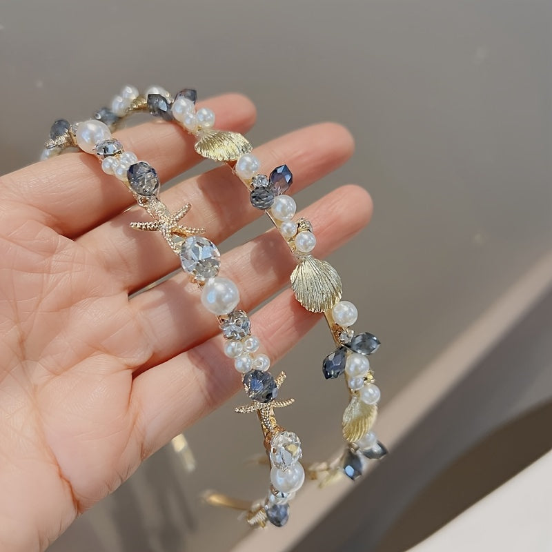 1pc, Delicate Elegant Ocean Style Headband, Shell & Starfish Glitter Thin Headband, Women Girls Mermaid Style Casual Leisure Hair Accessories, Gift Photo Props