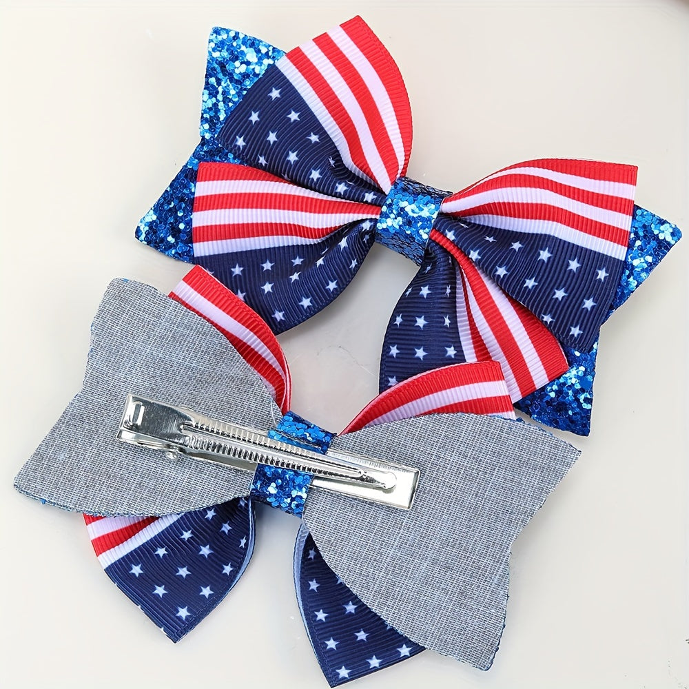 4th of July Patriotic Hair Bow Clips – USA Flag Glitter Bows (2 Pack)