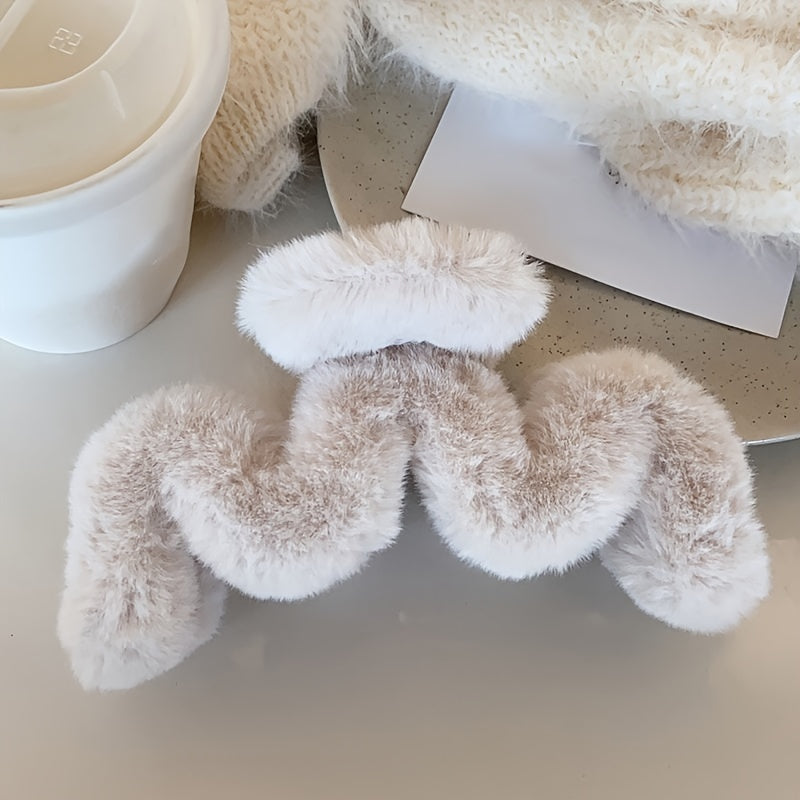 1pc Soft Wave Pattern Plush Hair Claw Clips, Winter Hair Accessories, Women Hair Clips, Large Size For Thick Hair, Christmas Gifts