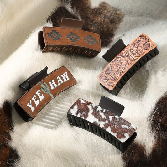1pc Western Cowboy Style Printed PU Leather Hair Claw Clip Large Non Slip Rectangular Hair Grab Clip Trendy Hair Accessories For Women And daily uses