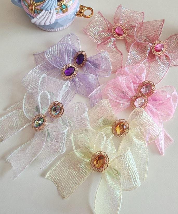 Girl Princess Gem Hair Chiffon Bow Pin Jewel Charm Ribbon Aurora Shiny Chiffon Bow Ribbon Hair Clip 1+1 Hair Pin Set of 2 [with Pinkluvme]
