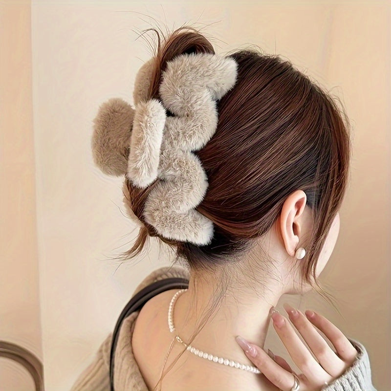 1pc Soft Wave Pattern Plush Hair Claw Clips, Winter Hair Accessories, Women Hair Clips, Large Size For Thick Hair, Christmas Gifts