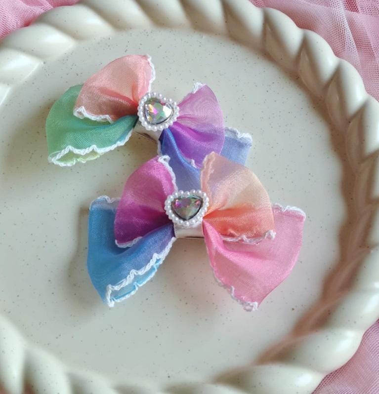 Girl Pig Tail Heart Gem Chiffon Gradation Colored Bow Ribbon Hair Pin Hair Clip 1+1 Set of 2 Pigtail Hair Clip Set Toddler [with Pinkluvme]