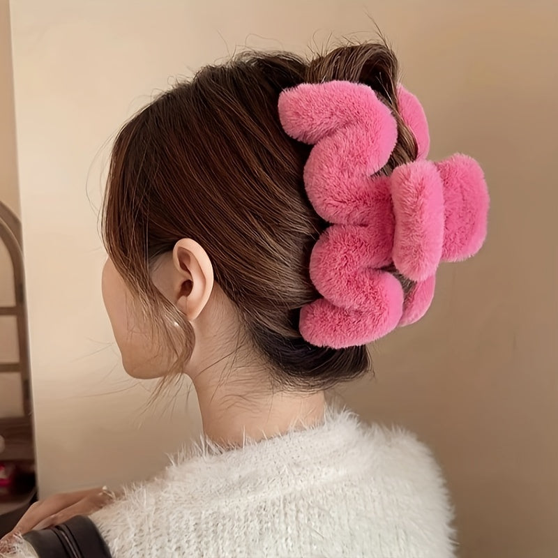 1pc Soft Wave Pattern Plush Hair Claw Clips, Winter Hair Accessories, Women Hair Clips, Large Size For Thick Hair, Christmas Gifts