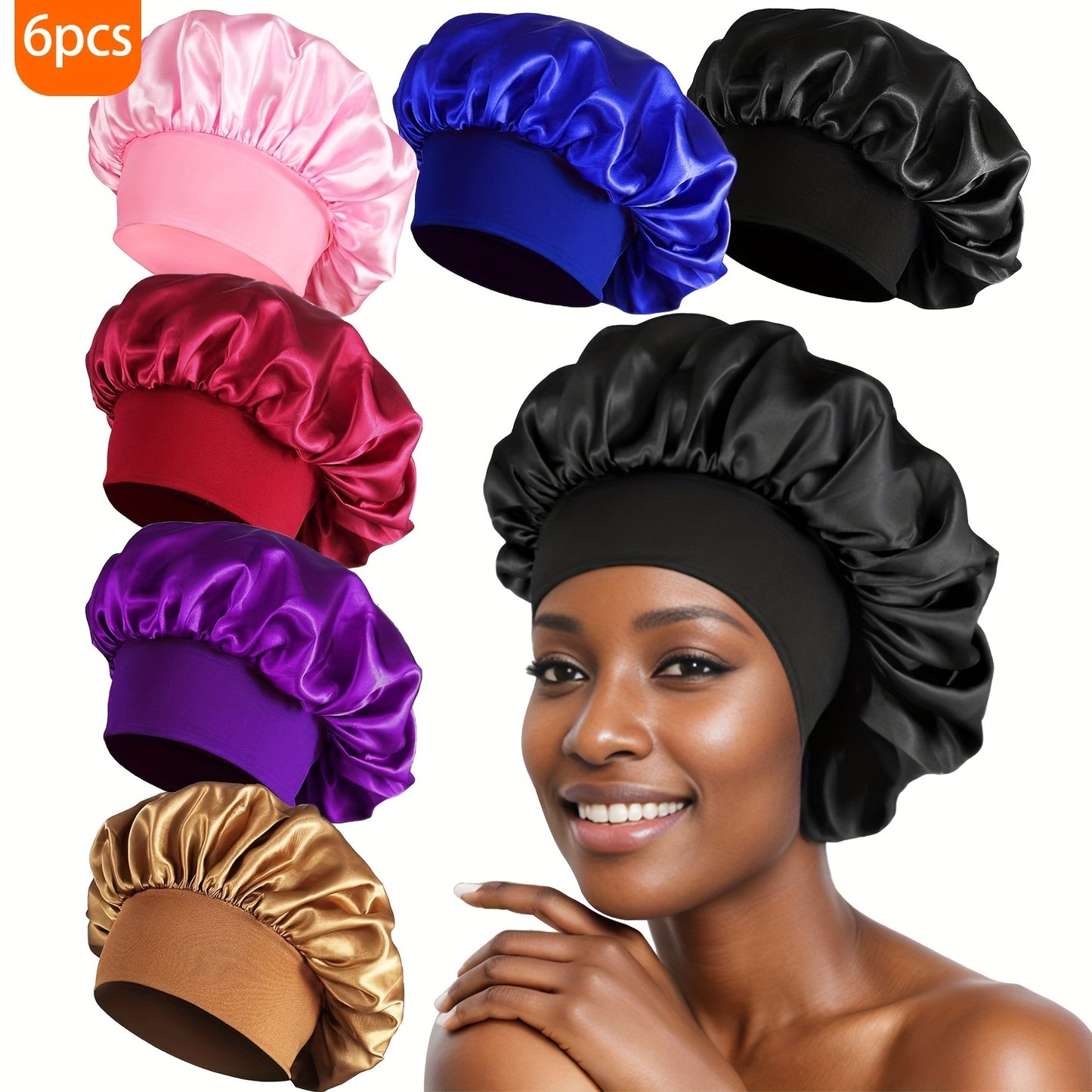 6pcs Soft Satin Sleep Bonnets - Skullies & Beanies for Women, Comfortable Night Hair Protection, Breathable Elastic Band Hair Care Cover for Sleeping, Gentle Hair Accessories for Beauty Sleep