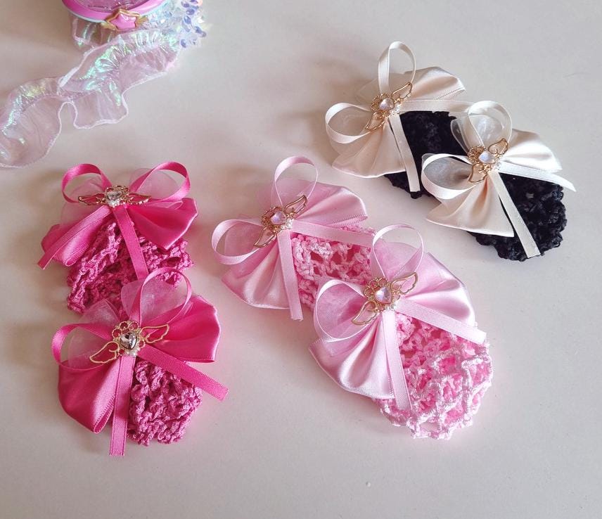 Girl Woman Ribbon Bow Hair Net Clip Set of 2 [with Pinkluvme]
