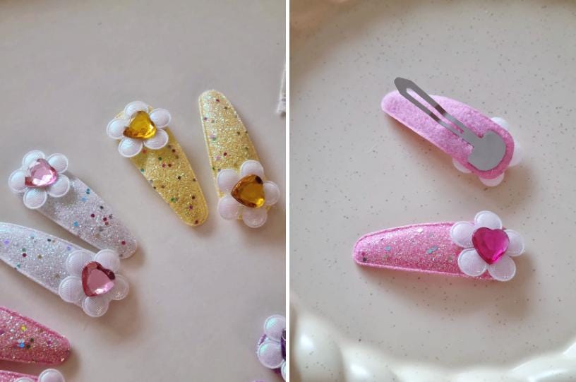 Teenie Tiny Flower Heart Glitter Hair Clip Set (of 2) | Free gift packaging if ordered with lace & satin bow pin [with Pinkluvme]