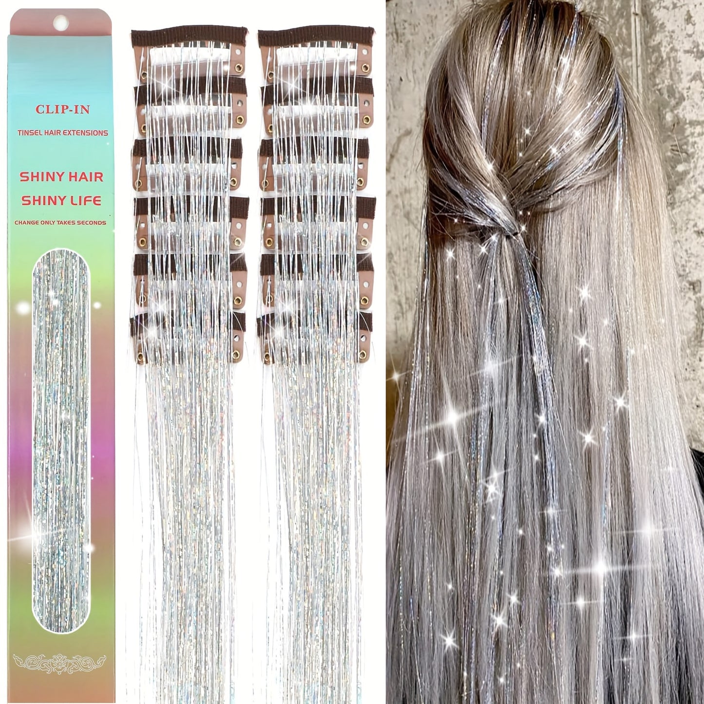 [12Pcs Clip In Tinsel] 12Pcs 23.6inch Clip In Hair Tinsel | Fairy Hair Tinsel Glitter Hair Extensions | Sparkly Hair Accessories For Girls Women