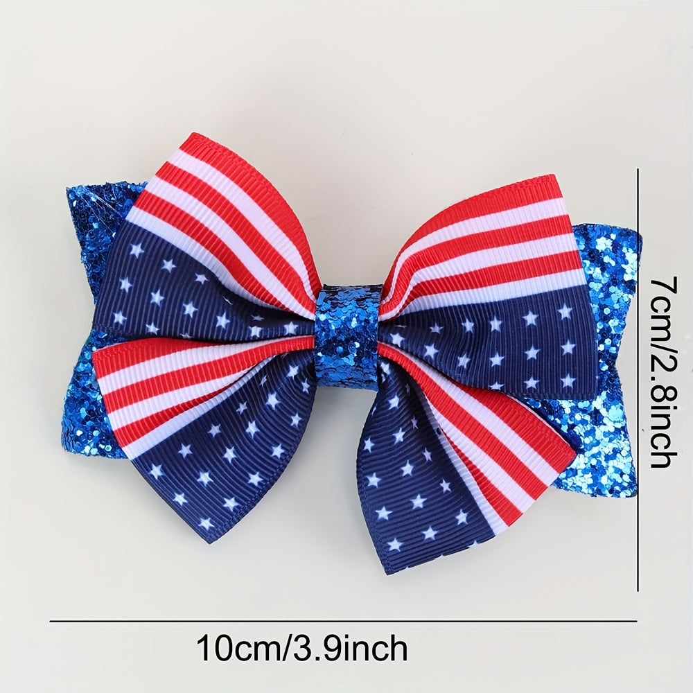 4th of July Patriotic Hair Bow Clips – USA Flag Glitter Bows (2 Pack)