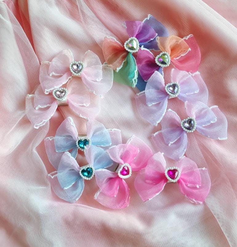 Girl Pig Tail Heart Gem Chiffon Gradation Colored Bow Ribbon Hair Pin Hair Clip 1+1 Set of 2 Pigtail Hair Clip Set Toddler [with Pinkluvme]