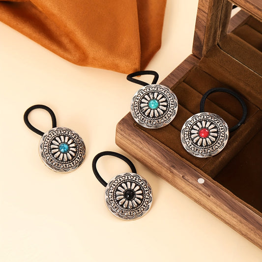 Vintage Bohemian Flower Hair Tie Set – 4 Pcs Alloy Elastic Bands